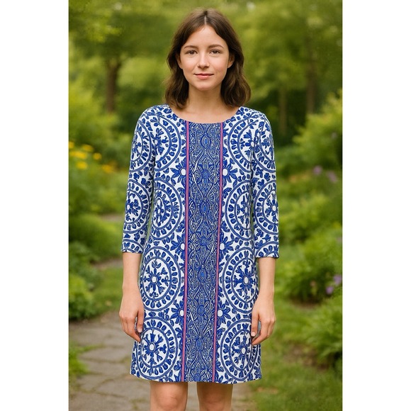 Lilly Pulitzer Women's XS Blue White Flora Stretch A-line Dress Knee Straps - Picture 1 of 10